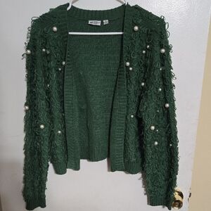 Mighty Fine Green Cardigan with Pearl Accents